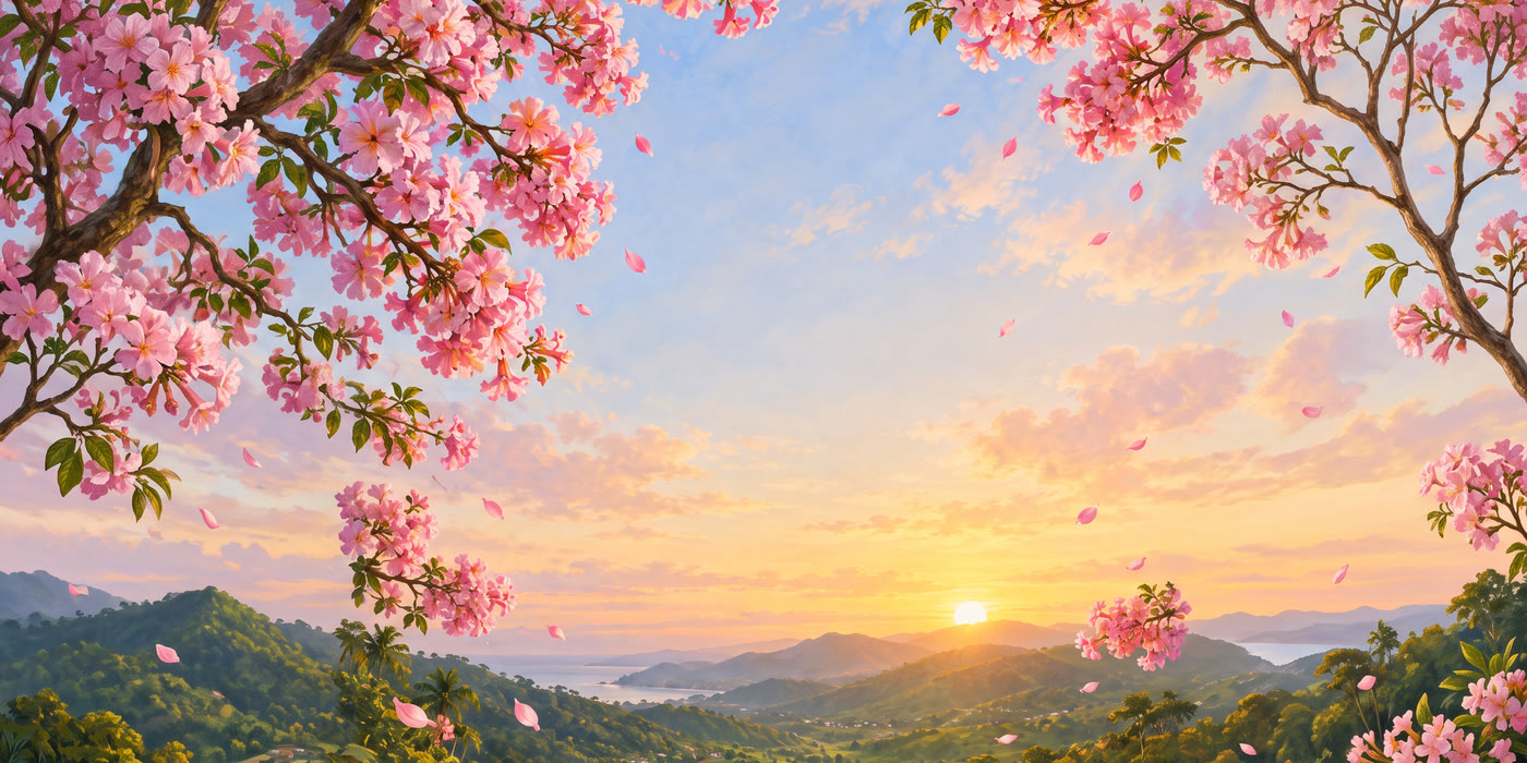 Pink blossom over a valley at sunset